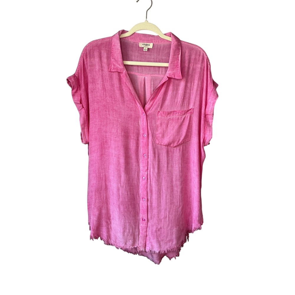 Umgee Hot Pink Frayed Hem Rayon Button Down Shirt Women Boho Short‎ Sleeve Large